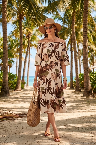 Lela Leaf Patterned Carmen Collar Midi Dress Dress 5865053