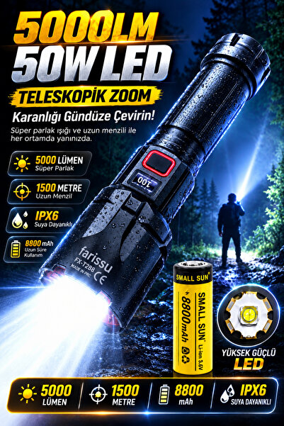 farissu FY-T288 50W 5000 Lümen Ultra Parlak Şarjlı El Feneri | 1.5 Km Menzill...