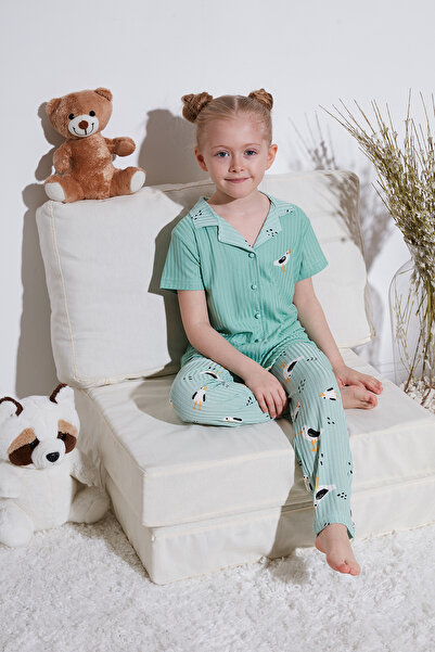 Lela Baskılı Beli Lastikli Gömlek Yaka Kısa Kollu Pijama Takımı Kız Çocuk TAK...