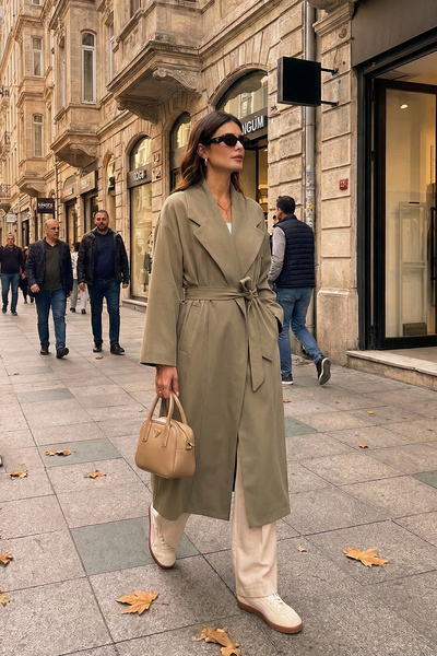 Lela Oversized Fit Double-Breasted Collar Belted Lined Trench Coat Trench Coa...