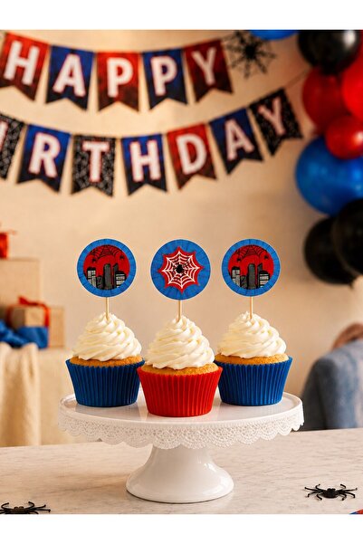 Parti Adresi Spiderman Temalı Kürdan Örümcek Ağı Figürlü Cupcake Kürdanı Past...