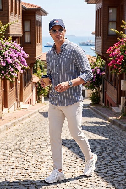 Buratti Pamuklu Çizgili Regular Fit Düğmeli Yaka Gömlek Erkek GÖMLEK CF21S112480