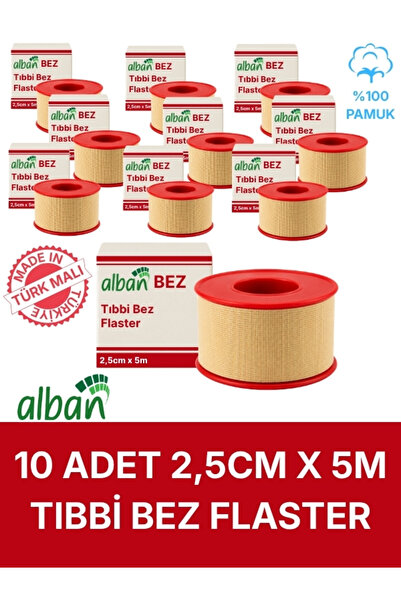 Alban Tıbbi Bez Flaster 2,5 cm x 5 m, 10 Kutulu Set, Pamuklu Medikal Sabitlem...