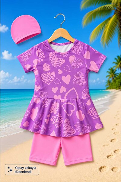 My Kids Wear Girl's Patterned Shorts and Bonnet Swimsuit Set 12875
