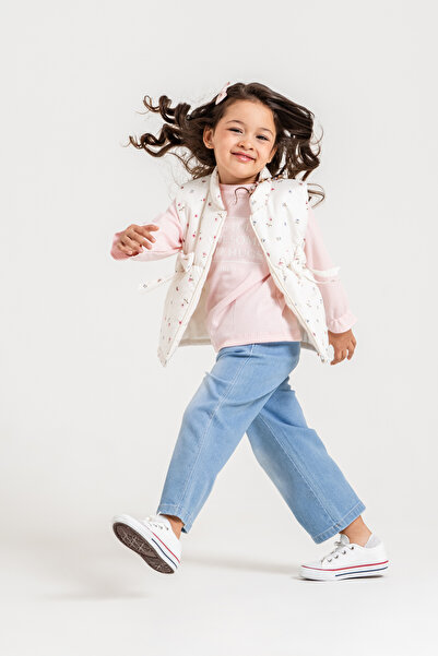 Jikko Baby Girl's Floral Patterned Bow Detailed Puffy Vest Blouse and Wide Le...