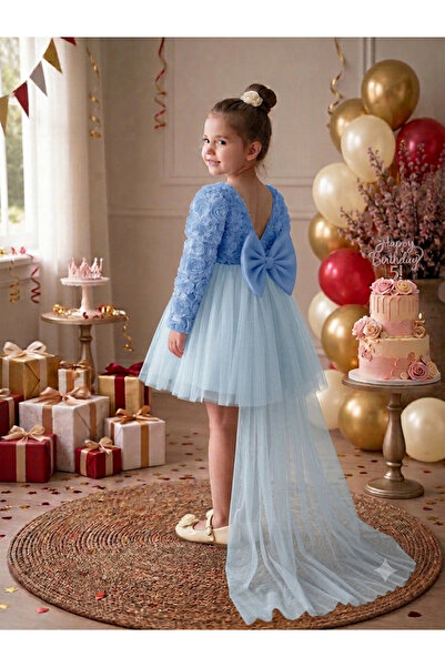 2kids2mom Baby Girl Blue Dress Long Sleeve Bowknot Birthday Party Wedding Spe...