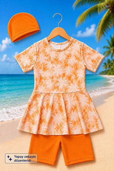 My Kids Wear Girl's Patterned Shorts and Bonnet Swimsuit Set 12872