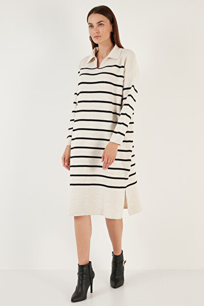 Lela Ριγέ φόρεμα μίντι με σχισίματα γιακάς Polo Tricot ELBİSE 4615172