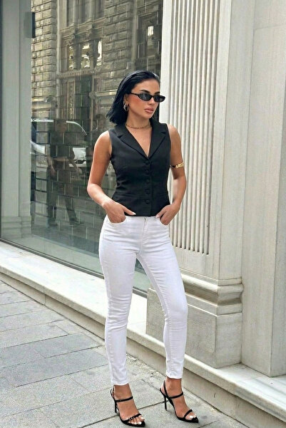 HLT JEANS Kadın Beyaz Süper Skinny Fit Esnek Likralı Yüksek Bel Denim Jean Ko...