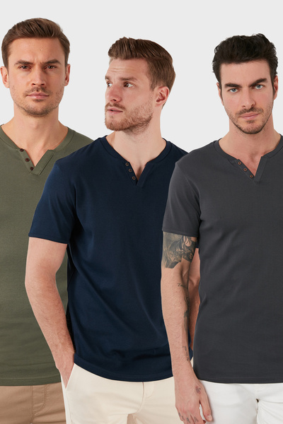 Buratti Cotton Button Detailed Regular Fit V-Neck 3-Pack t Shirt Men's t Shir...