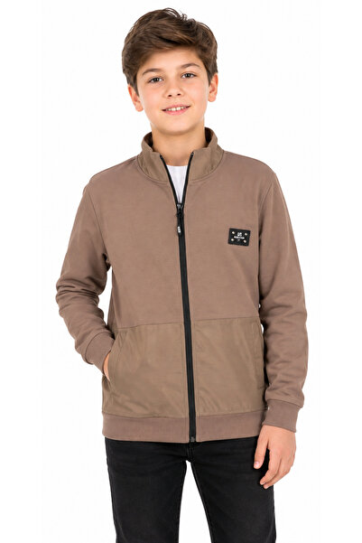 İrem Çocuk Giyim Boy's Stand Collar Kangaroo Pocket Zippered Light Brown Seas...