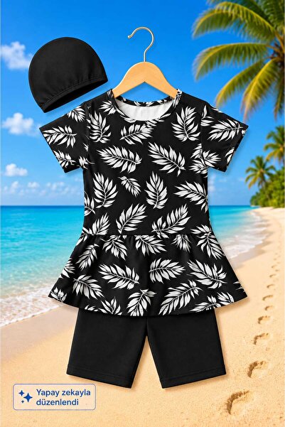 My Kids Wear Girl's Patterned Shorts and Bonnet Swimsuit Set 12573