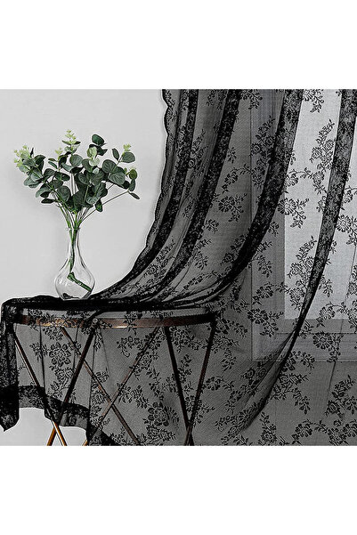 Choice Fixed Pleat 100x200cm black Black Floral Lace Curtains with Retro Styl...