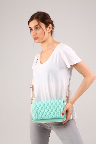 Morpelikan Women's Quilted Embroidered Water Green Shoulder Bag with Adjustab...