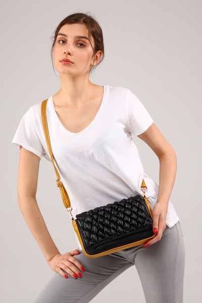 Morpelikan Women's Quilted Embroidered Black Mustard Color Shoulder Bag with ...
