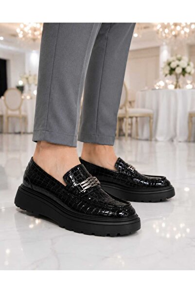 Oneka Shoes 1308256503 Günlük Erkek Loafer Siyah kroko tokalı