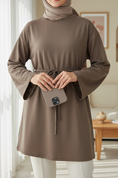 Modamorfo Round Neck Tie-Waist Combed Cotton Tunic - Light Brown