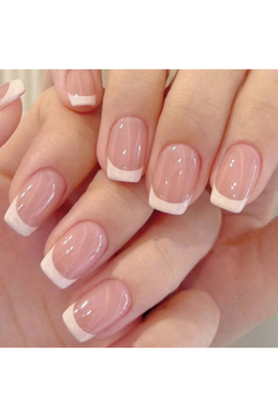 Choice Khaki 24pcs Long Almond Fake Nails White French Press on Nails Simple ...