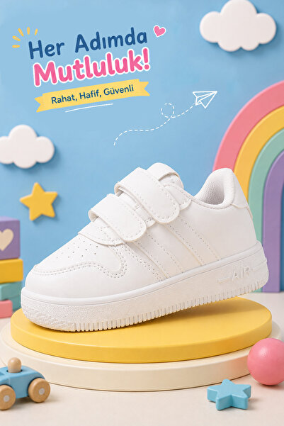 Nstil Unisex Çocuk Beyaz Sneaker Cırtlı Çift Şeritli Hafif Rahat Günlük Spor ...