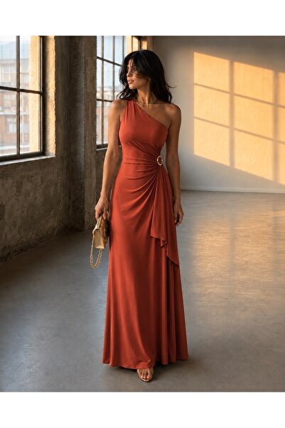 Modafeminen Tile One-Shoulder Draped Long Evening Dress with Buckle Accessori...