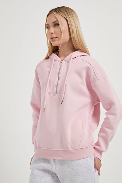 Arma Life Women's Half Zipper Hooded Pink Loose Sweatshirt