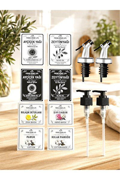 Trend Home Life 8 Adet Etiket Sticker, 2 Adet Yağdanlık Başlığı, 2 Adet Sıvı Sabun Deterjan Pompası Ayçiçek Yağı Zeytinyağı Sıvı Sabun Bukaşık Detejanı Etiketi