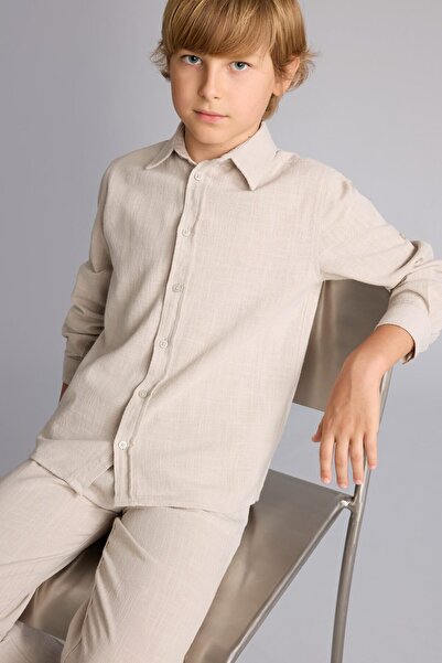 DeFacto 100% Cotton Regular Fit Linen Look Long Sleeve Beige Shirt for Boys H...