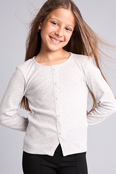 DeFacto Cotton Fitted Buttoned Collar Ribbed Long Sleeve Light Gray Melange T...