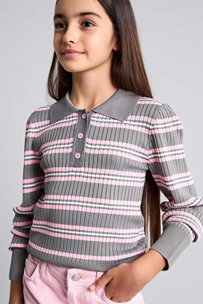 DeFacto Regular Fit Polo Collar Striped Sweater for Girls I1736A826Au