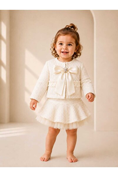 LİLİYUM 2-5 Years Old Girl's Ecru Jacketed Skirt Set with Bow Detail, Stylish...