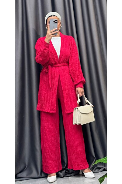 NİSUM MODA Seersucker Textured Belted Cardigan and Pants Double Set