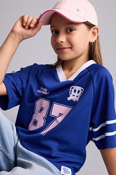 DeFacto Relax Fit V-Neck Printed Short Sleeve Sax Blue T-Shirt Girls H4842A826Sm