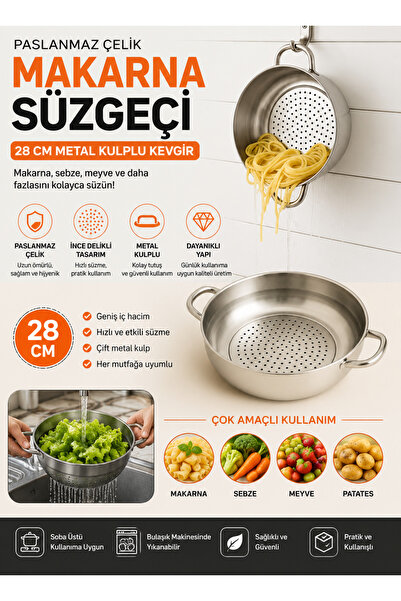 Metler Paslanmaz Çelik Makarna Süzgeçi 28 Cm Metal Kulplu Kevgir 1 Adet