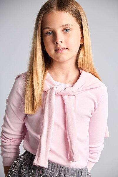 DeFacto Slim Fit Tie Collar Ribbed Long Sleeve T-Shirt Girls G0867A826Sp