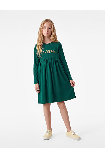 Koton Printed Drawstring Detailed Long Sleeve Crew Neck Cotton Dress
