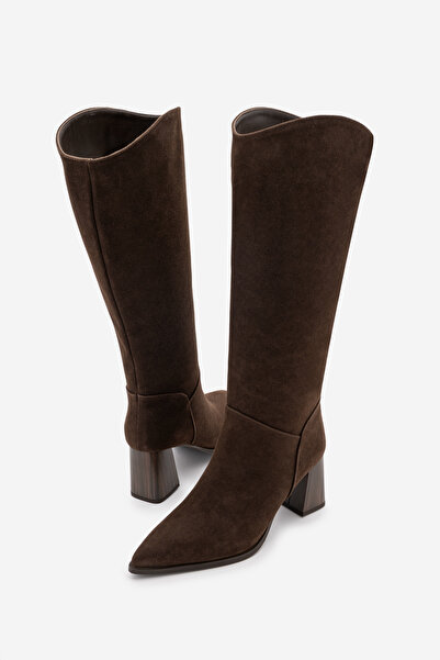 Marjin Women's Pointed Toe Thick Heeled Non-Zipper Boots Tines Brown Suede