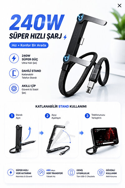 NEFFO 240W Ultra Hızlı Type-C Şarj Data Kablosu Katlanabilir Standlı Ergonomik Tasarım 1.5M Örgülü