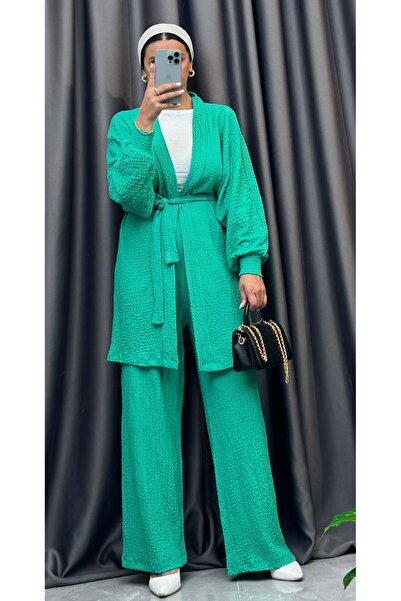 NİSUM MODA Seersucker Textured Belted Cardigan and Pants Double Set