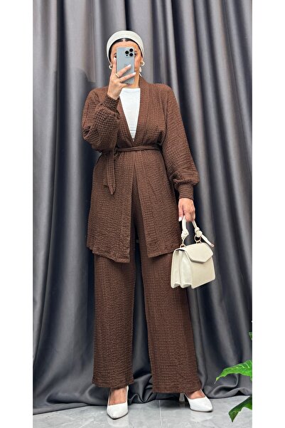 NİSUM MODA Seersucker Textured Belted Cardigan and Pants Double Set
