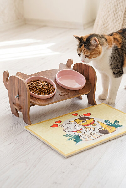 GOBYPET Ahşap Kedi Mama Seramik Su Kabı Standı,Kedili Mama Kabı, Hediye Kedi ...