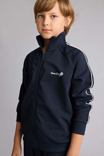 DeFacto Cotton Printed Stand Collar Zippered Navy Blue Cardigan for Boys I035...