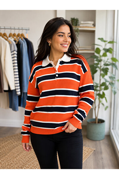 zeyoo collection ihb Women's Striped Polo Neck Sweater