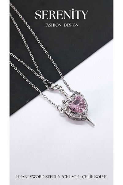 Serenity Pink Heart Sword Couple Steel Necklace