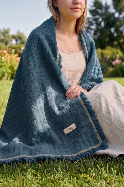 JOJOMIA Frig Throw Püsküllü Koltuk Şalı TV Battaniyesi 130x170 Denim