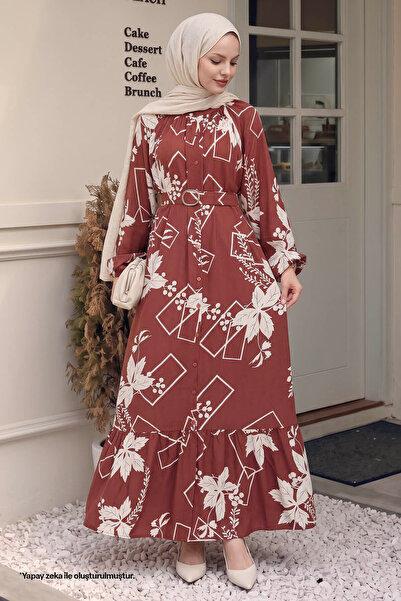 InStyle Flower and Shape Patterned Tile Viscose Dress