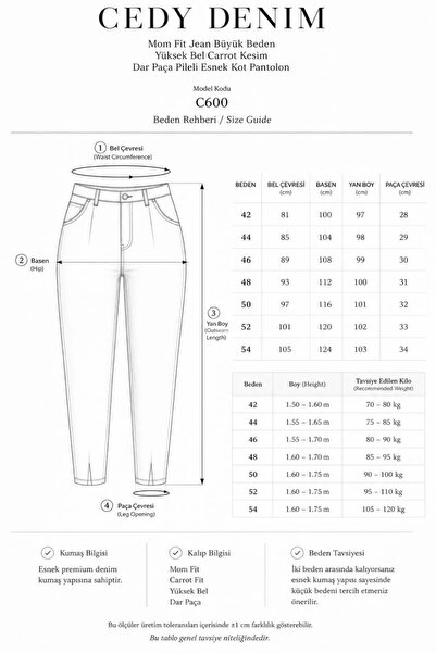 CEDY DENIM Mom Fit Jean Büyük Beden Yüksek Bel Carrot Kesim Dar Paça Pileli Esnek Kot Pantolon C600-bej