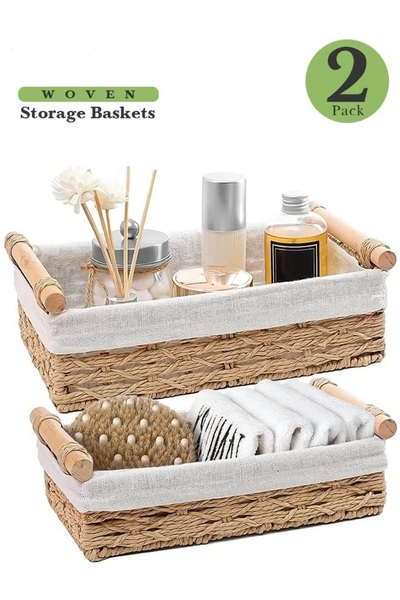 zeetwo Set of 2 Rectangular Woven Storage Baskets with Washable Liners, Paper...