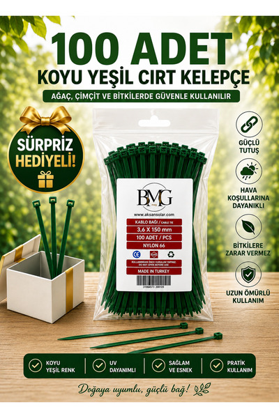 By mag 3.6x150 Orjinal Kablo Bağı Yeşil Cırt Kelepçe (15cm uzunluk) Ağaç, çim...
