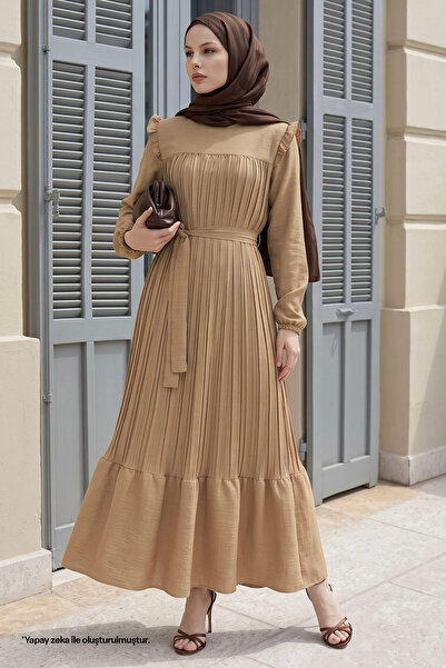 InStyle Ruffle Shoulder Pleated Linen Dress - Camel