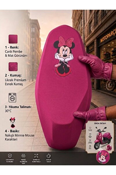 Minnie Mouse Motosiklet koltuk kılıfı koyu pembe 50CC VE 150CC motor uyumlu